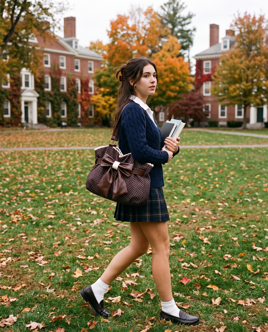 Colette Bow Bag in Cocoa Dot on campus