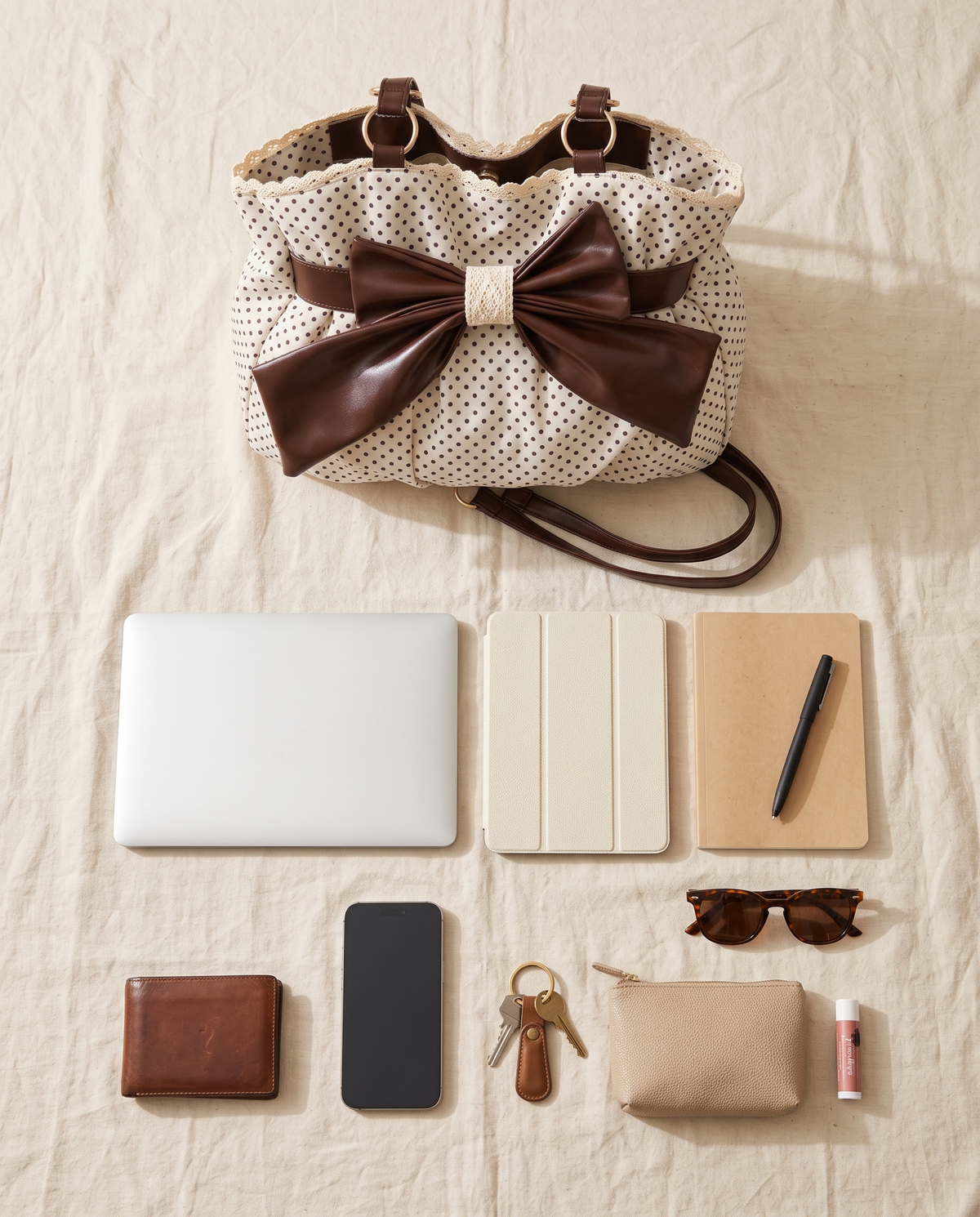 The Colette Bow Bag with a 13-inch laptop, iPad, notebook, wallet, phone, keys and makeup pouch laid out beside it