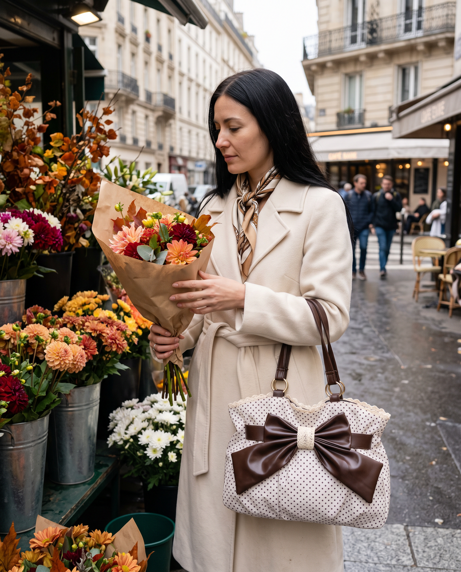 Colette Bow Bag in Cream Dot at a Paris flower stall