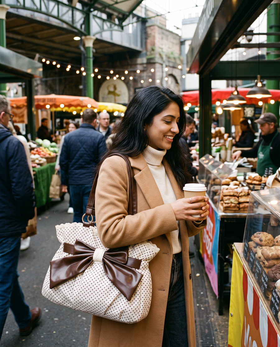 Colette Bow Bag in Cream Dot at a London market