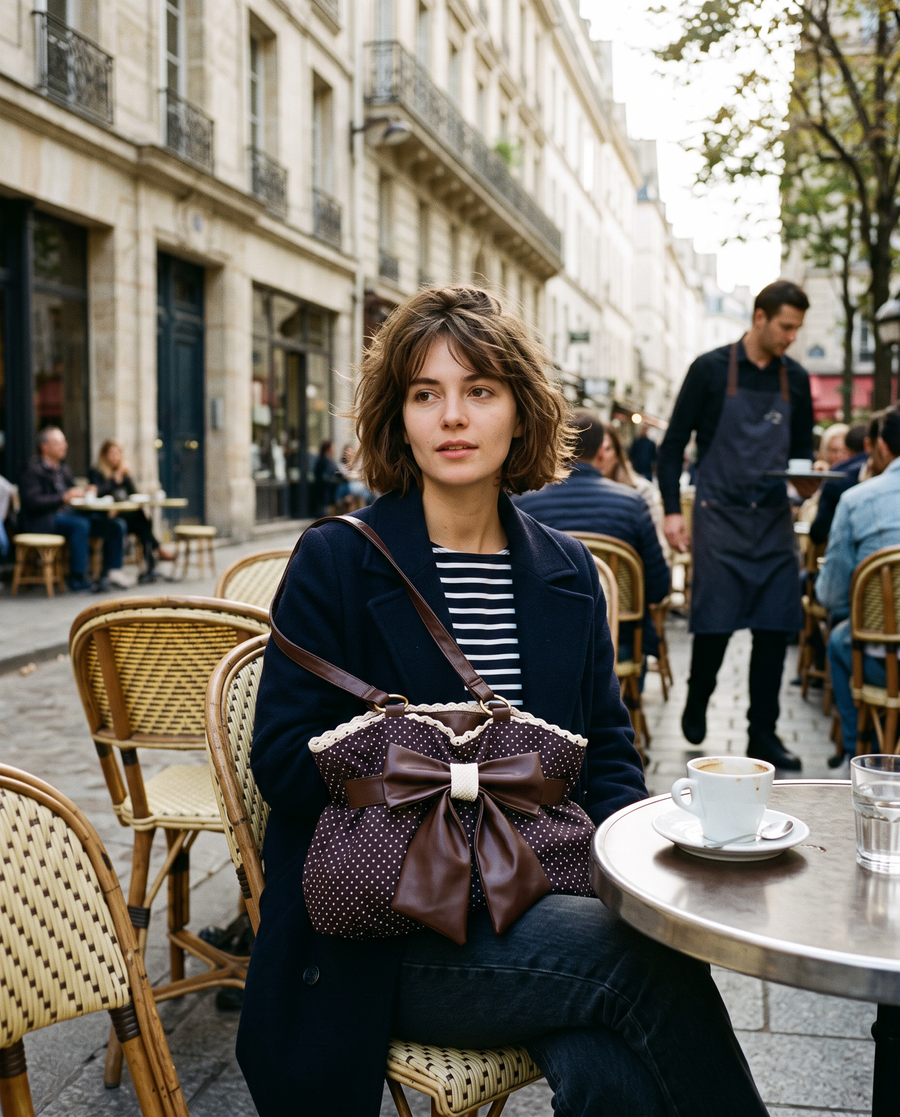 Colette Bow Bag in Cocoa Dot at a Paris café