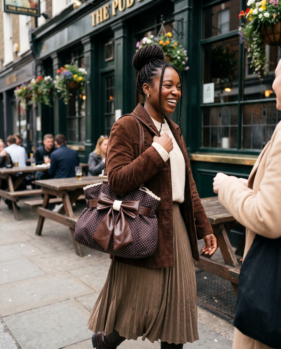 Colette Bow Bag in Cocoa Dot outside a London pub