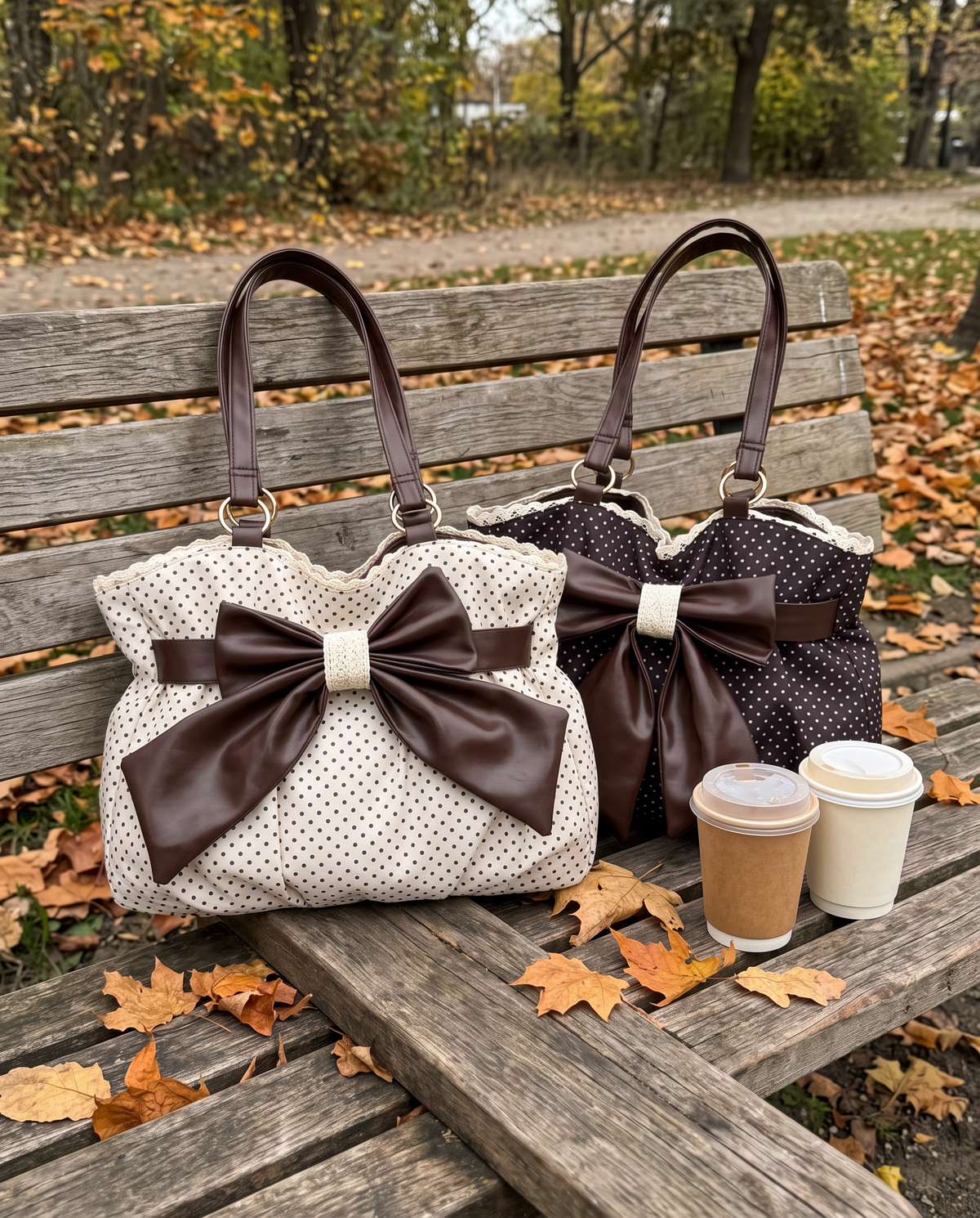 Colette Bow Bag in Cream Dot and Cocoa Dot on a bench