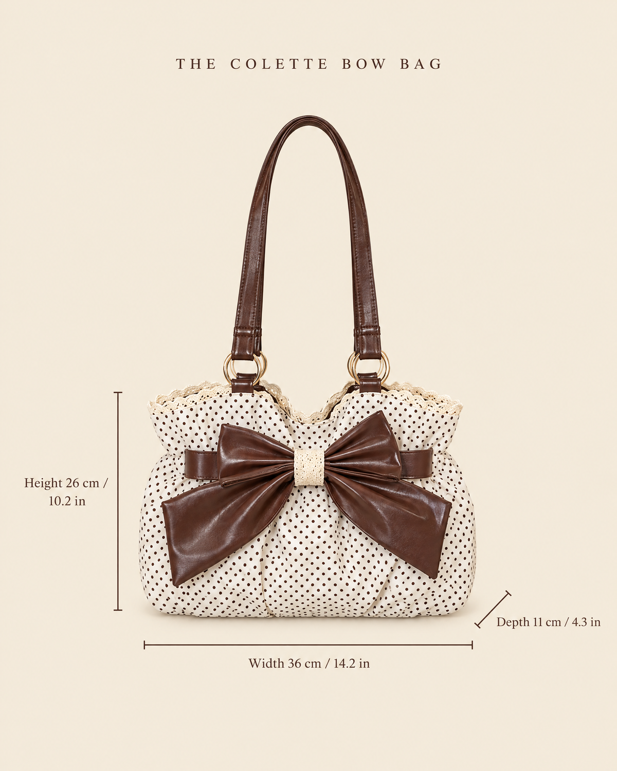 Colette Bow Bag dimensions: width 36 cm, height 26 cm, depth 11 cm